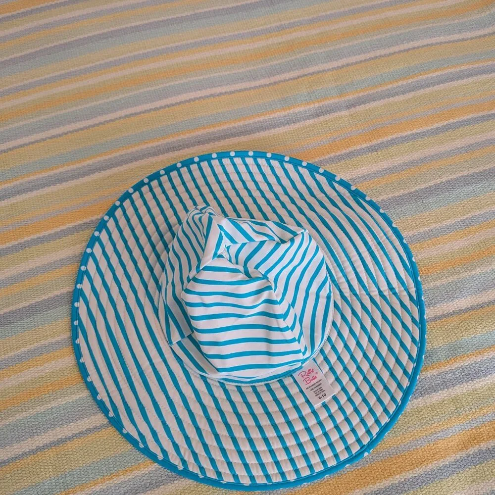 ⭐ Girls Ruffle Butts Turquoise Blue & White Reversible Hat size 6 - 10